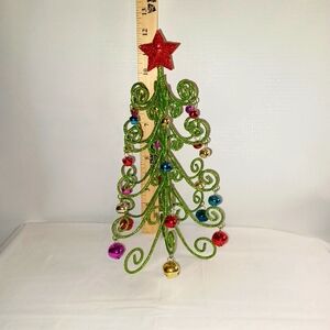 Festive Green Metal Christmas Tree Red Star Colored Jingle Bell Ornaments